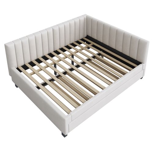 Lit Adulte 140x200cm Avec Lit Gigogne Enfant 90x190cm, En Velours Beige