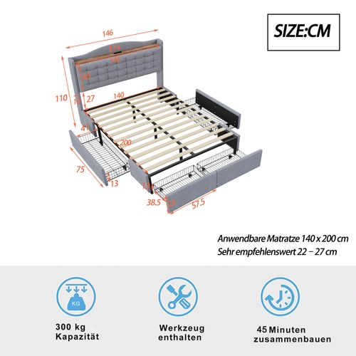 Lit Adulte 140x200cm Avec 4 Tiroirs De Rangement Et Ports USB, En Lin Gris