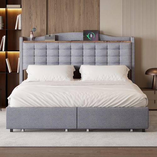 Lit Adulte 160x200cm 2 Places Avec 4 Tiroirs, Étagère Et Recharge USB, Lin Gris