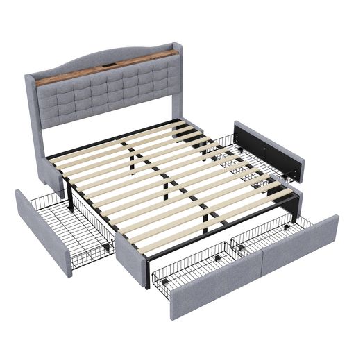 Lit Adulte 160x200cm 2 Places Avec 4 Tiroirs, Étagère Et Recharge USB, Lin Gris