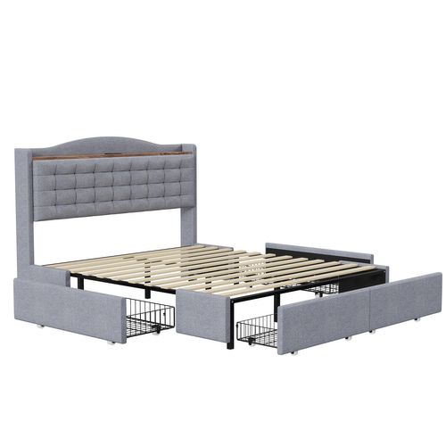 Lit Adulte 160x200cm 2 Places Avec 4 Tiroirs, Étagère Et Recharge USB, Lin Gris