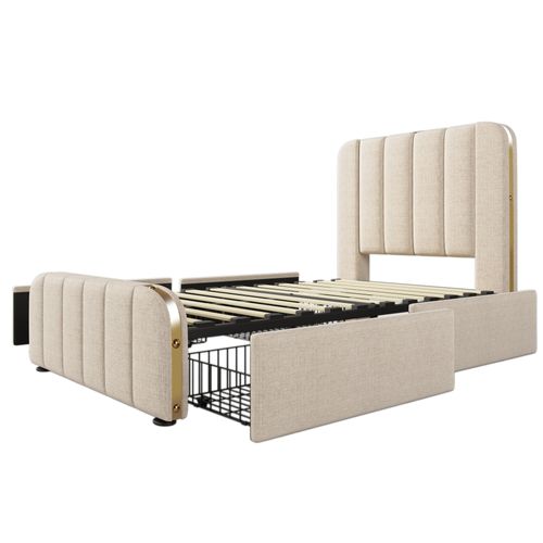 Lit Enfant Simple 90x200cm Avec 4 Tiroirs De Rangement Et Port USB,type-c, Lin Beige