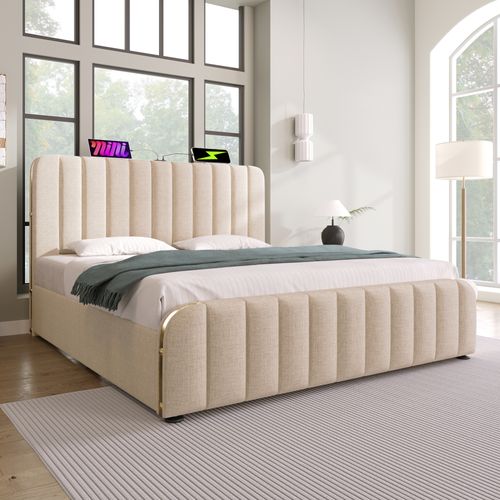 Lit Adulte 140x200cm 2 Places Avec 4 Tiroirs Et Port De Recharge, Lin Beige