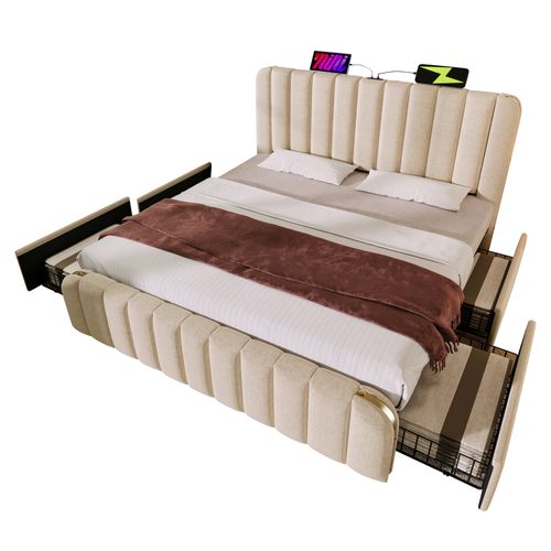 Lit Adulte 140x200cm 2 Places Avec 4 Tiroirs Et Port De Recharge, Lin Beige