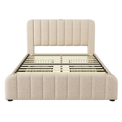Lit Adulte 140x200cm 2 Places Avec 4 Tiroirs Et Port De Recharge, Lin Beige