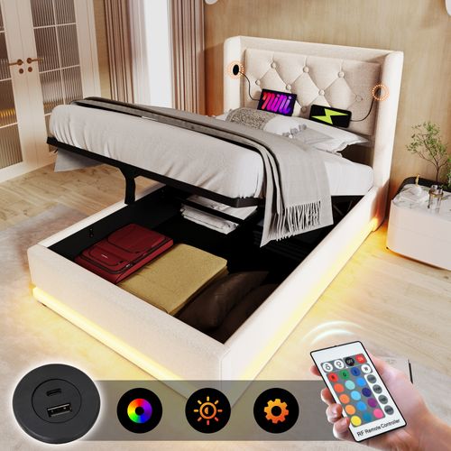 Lit Coffre Simple 90x200cm Avec LED, Rangement Et Ports De Charge, Coton Beige