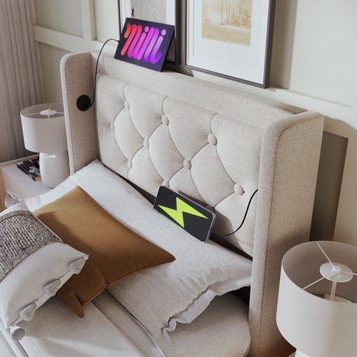 Lit Coffre Simple 90x200cm Avec LED, Rangement Et Ports De Charge, Coton Beige