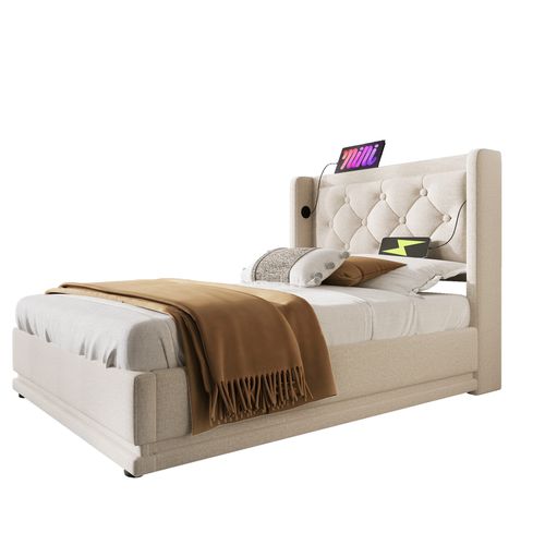 Lit Coffre Simple 90x200cm Avec LED, Rangement Et Ports De Charge, Coton Beige