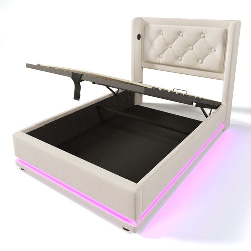 Lit Coffre Simple 90x200cm Avec LED, Rangement Et Ports De Charge, Coton Beige