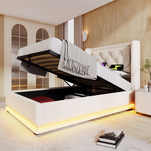 Lit Coffre Simple 90x200cm Avec LED, Rangement Et Ports De Charge, Coton Beige