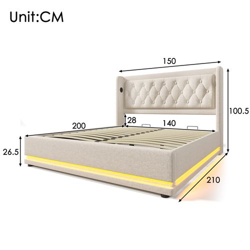 Lit Coffre Adulte 140x200cm Avec LED Et Ports De Charge, Coton Beige