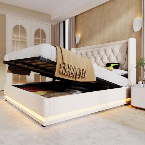 Lit Coffre Adulte 140x200cm Avec LED Et Ports De Charge, Coton Beige