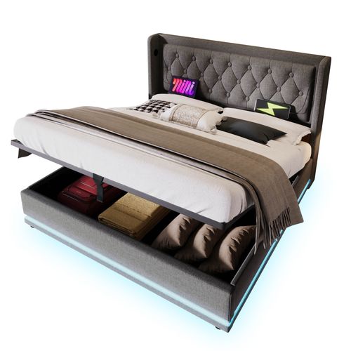 Lit Coffre LED 160x200cm 2 Places Avec Ports USB,type-c, Coton Gris