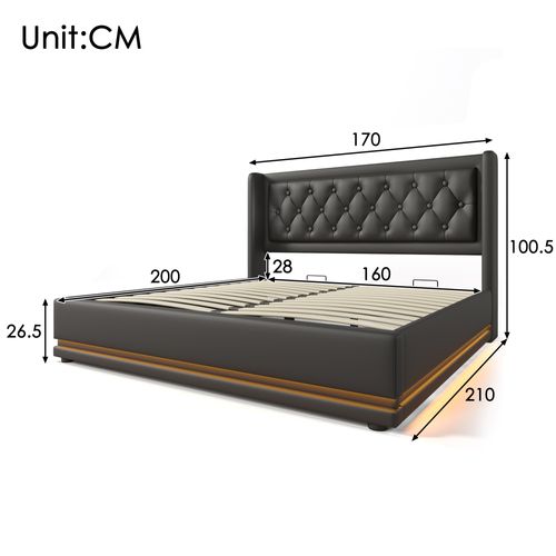 Lit Coffre LED 160x200cm Avec Ports De Charge, Rangement Et Sommier, Pu Noir