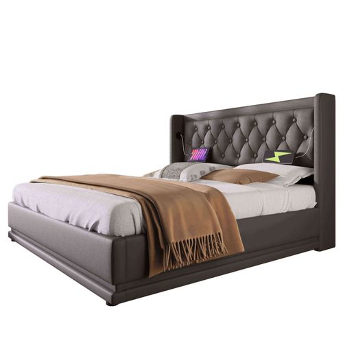 Lit Coffre LED 180x200cm 2 Places Avec Ports De Charge, Éclairage Et Rangement, Pu Noir