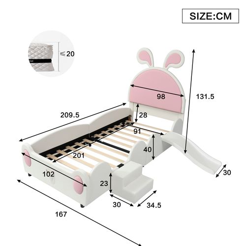 Lit Enfant 90x200 Cm, Lit Simple Avec Toboggan, Lattes En Bois, Pu, Blanc + Rose