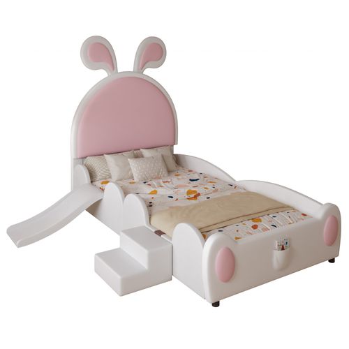 Lit Enfant 90x200 Cm, Lit Simple Avec Toboggan, Lattes En Bois, Pu, Blanc + Rose