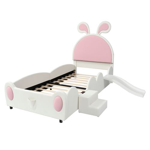 Lit Enfant 90x200 Cm, Lit Simple Avec Toboggan, Lattes En Bois, Pu, Blanc + Rose