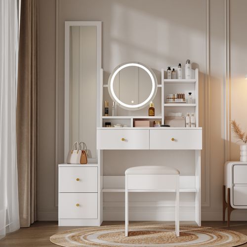 Coiffeuse 4 En 1 En Bois Avec Miroir LED 3 Couleurs,tabouret,blanc