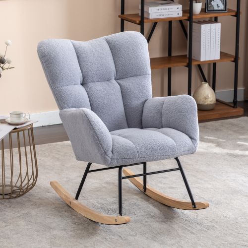 Rocking Chair, Fauteuil à Bascule En Tissu Teddy, Assise Rembourrée, Gris Clair