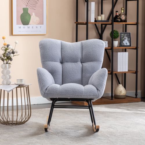 Rocking Chair, Fauteuil à Bascule En Tissu Teddy, Assise Rembourrée, Gris Clair