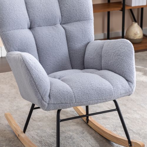 Rocking Chair, Fauteuil à Bascule En Tissu Teddy, Assise Rembourrée, Gris Clair