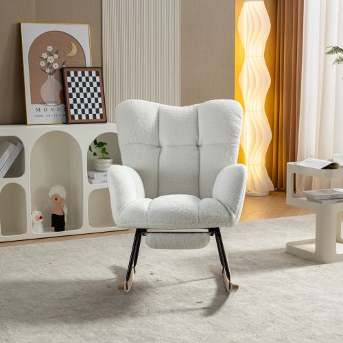 Rocking Chair, Fauteuil à Bascule En Tissu Teddy Avec Repose-pieds Escamotable, Blanc