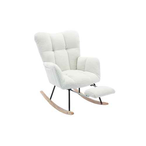 Rocking Chair, Fauteuil à Bascule En Tissu Teddy Avec Repose-pieds Escamotable, Blanc