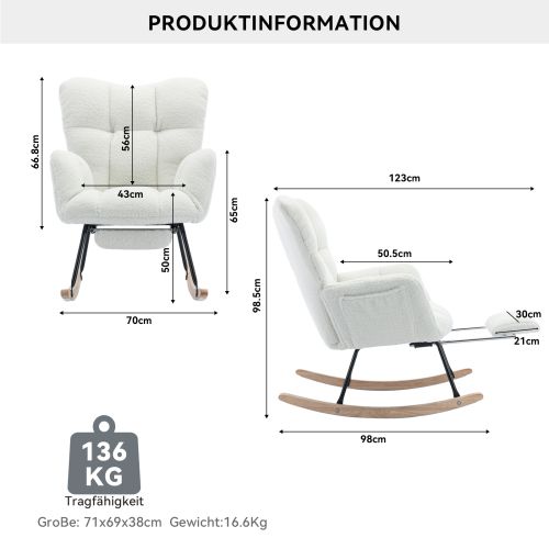 Rocking Chair, Fauteuil à Bascule En Tissu Teddy Avec Repose-pieds Escamotable, Blanc