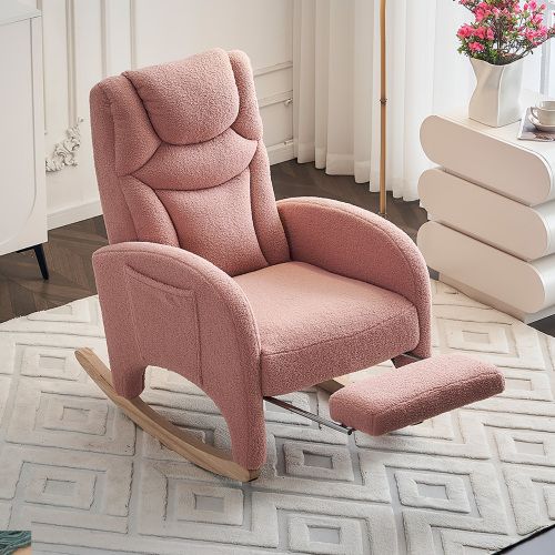 Rocking Chair, Fauteuil à Bascule En Tissu Teddy Avec Accoudoirs, Repose-pieds Extensible, Rose