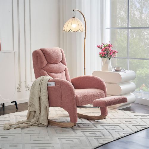 Rocking Chair, Fauteuil à Bascule En Tissu Teddy Avec Accoudoirs, Repose-pieds Extensible, Rose