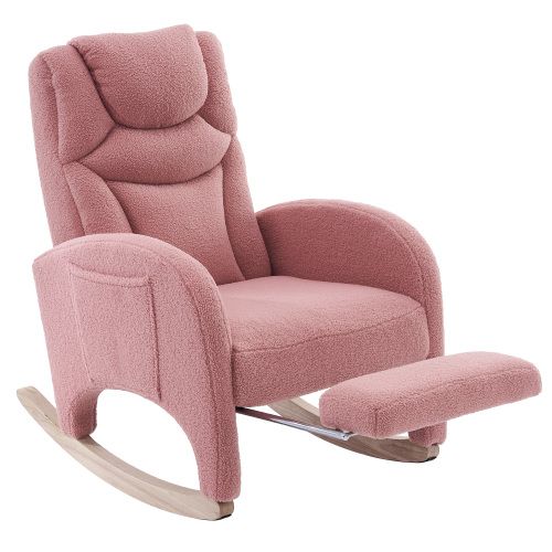 Rocking Chair, Fauteuil à Bascule En Tissu Teddy Avec Accoudoirs, Repose-pieds Extensible, Rose