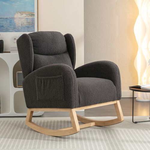 Rocking Chair, Fauteuil à Bascule En Tissu Teddy, Fauteuil à Oreilles, Avec Sac Latéral, Gris Foncé