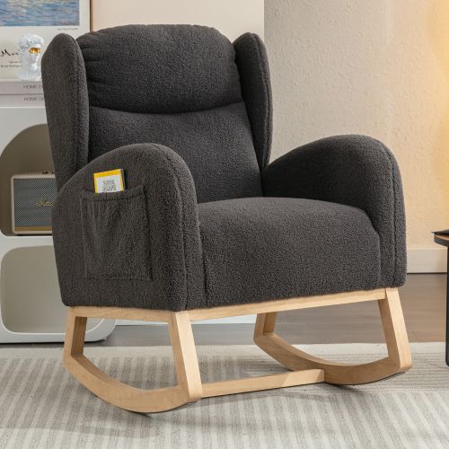 Rocking Chair, Fauteuil à Bascule En Tissu Teddy, Fauteuil à Oreilles, Avec Sac Latéral, Gris Foncé