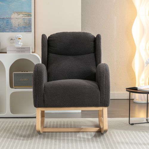 Rocking Chair, Fauteuil à Bascule En Tissu Teddy, Fauteuil à Oreilles, Avec Sac Latéral, Gris Foncé