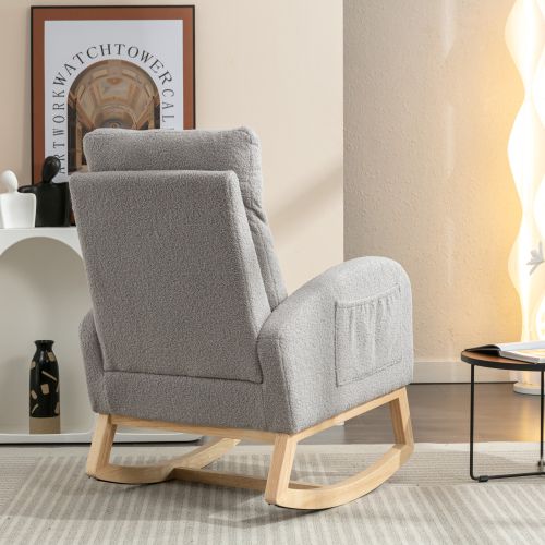 Rocking Chair, Fauteuil à Bascule En Tissu Teddy, Siège Rembourré, Avec Sac Latéral, Gris Clair