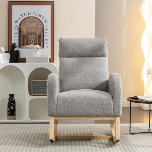 Rocking Chair, Fauteuil à Bascule En Tissu Teddy, Siège Rembourré, Avec Sac Latéral, Gris Clair