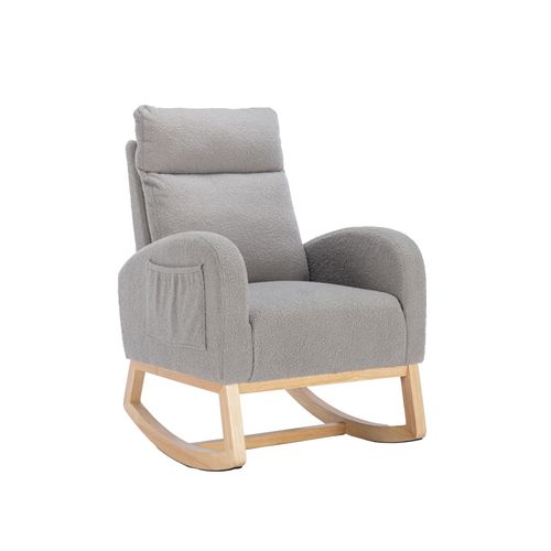 Rocking Chair, Fauteuil à Bascule En Tissu Teddy, Siège Rembourré, Avec Sac Latéral, Gris Clair