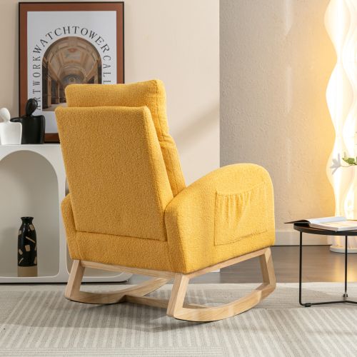 Rocking Chair, Fauteuil à Bascule En Tissu Teddy, Siège Rembourré, Avec Sac Latéral, Jaune