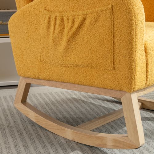 Rocking Chair, Fauteuil à Bascule En Tissu Teddy, Siège Rembourré, Avec Sac Latéral, Jaune
