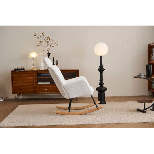 Rocking Chair, Fauteuil à Bascule En Tissu Teddy, Siège Rembourré, Blanc