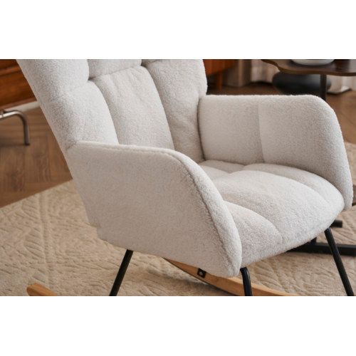 Rocking Chair, Fauteuil à Bascule En Tissu Teddy, Siège Rembourré, Blanc