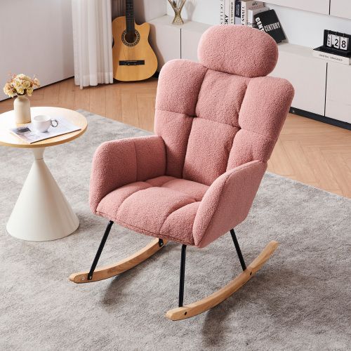 Rocking Chair, Fauteuil à Bascule En Tissu Teddy, Siège Rembourré, Rose