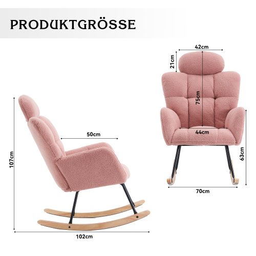 Rocking Chair, Fauteuil à Bascule En Tissu Teddy, Siège Rembourré, Rose