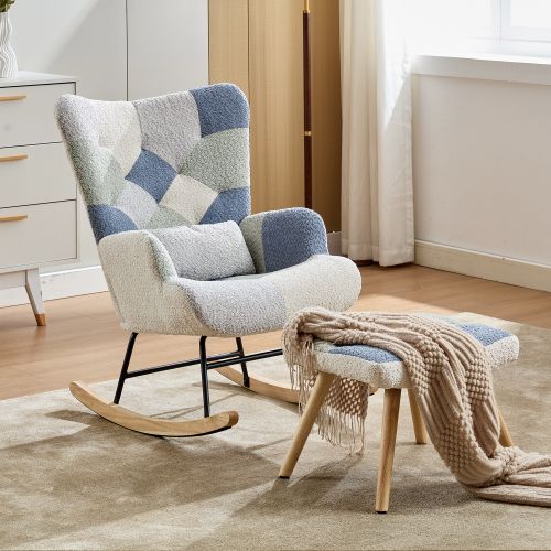 Rocking Chair, Fauteuil à Bascule Avec Repose-pieds, Couleurs Patchwork, Motif Pied-de-poule