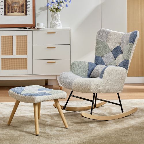 Rocking Chair, Fauteuil à Bascule Avec Repose-pieds, Couleurs Patchwork, Motif Pied-de-poule