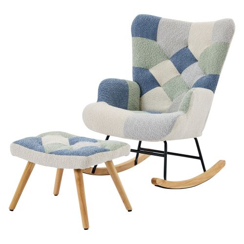 Rocking Chair, Fauteuil à Bascule Avec Repose-pieds, Couleurs Patchwork, Motif Pied-de-poule