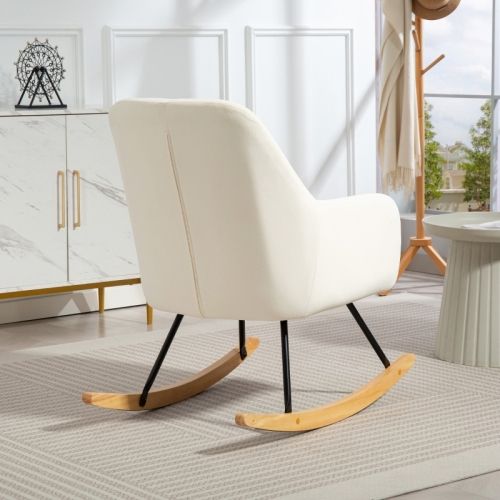 Rocking Chair, Fauteuil à Bascule En Velours Avec Accoudoirs, Patins En Bois, Blanc
