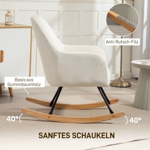 Rocking Chair, Fauteuil à Bascule En Velours Avec Accoudoirs, Patins En Bois, Blanc