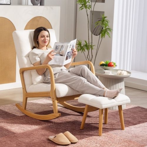 Rocking Chair, Fauteuil à Bascule Avec Repose-pieds, Accoudoirs, Dossier Haut, Patins En Bois, Blanc